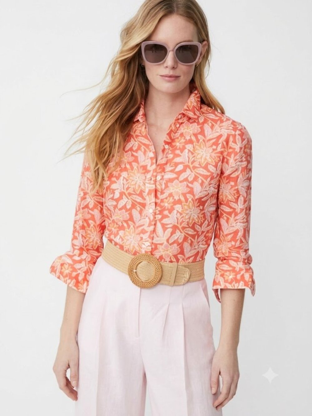 J McLaughlin Lois Linen-Blend Blouse Coral Pink Floral Print Button Down Medium
